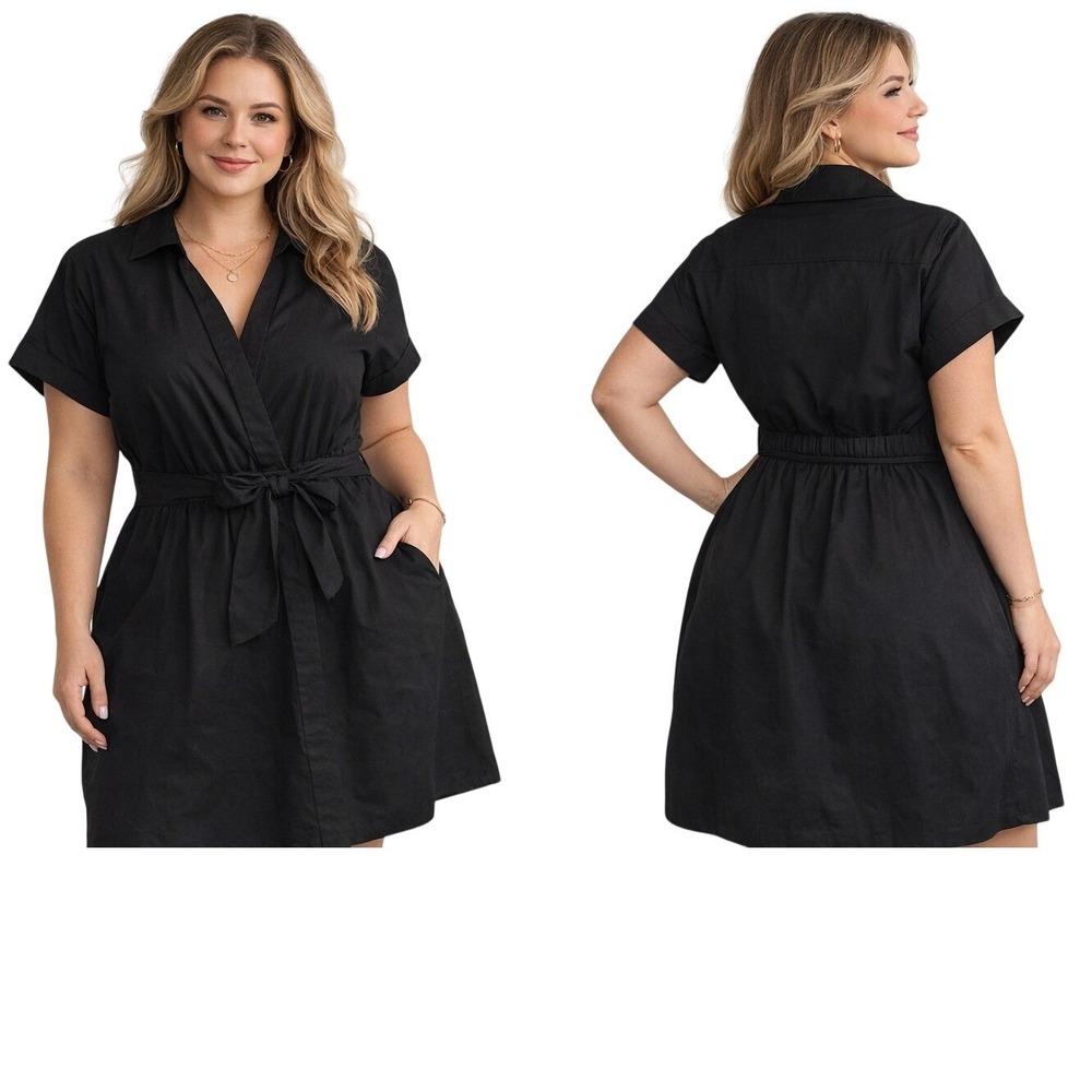 Donna Ricco Shirt Dress Womens 14W Black Wrap Tie Front Professional Chic